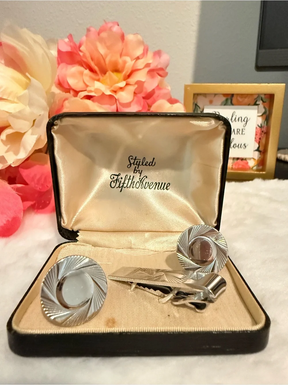 Vintage Fifth Avenue Silver Tone Cufflinks Tie Clip Set w/ Original Box